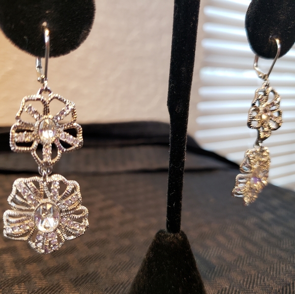 Vintage Givenchy Rhinestone Cut Out Flowers Dangle Earrings - Picture 6 of 12
